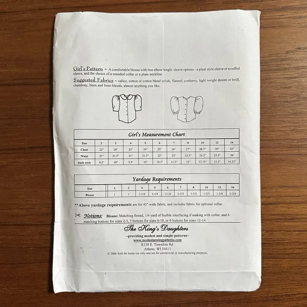 NEW The King’s Daughters Sewing Pattern Girl's Blouse Pattern Sizes 8-14 Modest